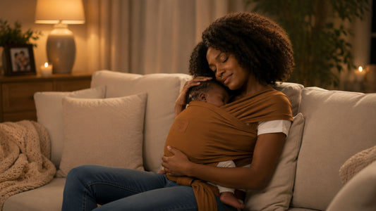 Mother wearing a newborn in a Max&So baby wrap carrier while the baby sleeps comfortably in a safe ergonomic position.