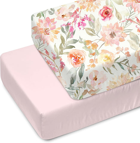 Crib Sheet Set - Floral & Solid Pink Ultra-Soft Bedding for Crib Mattress and Toddler Beds