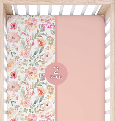 Crib Sheet Set - Floral & Solid Pink Ultra-Soft Bedding for Crib Mattress and Toddler Beds