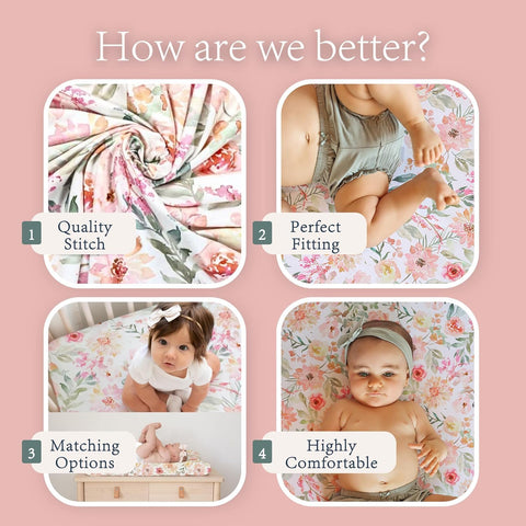 Crib Sheet Set - Floral & Solid Pink Ultra-Soft Bedding for Crib Mattress and Toddler Beds