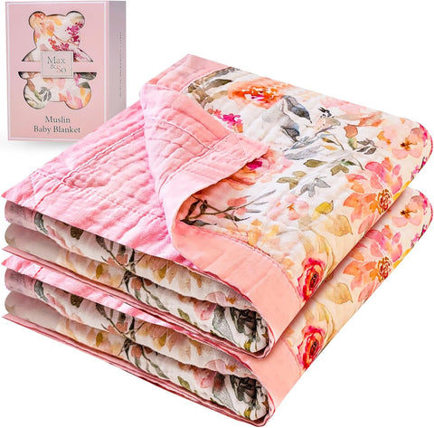 Muslin Cotton Floral Print Baby Receiving Blanket with Pink Border